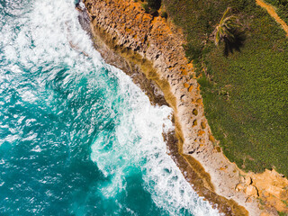San juan el morro drone top down landscape of the coast beach from the Caribbean puerto rico...