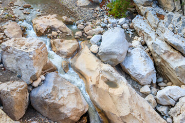 Scenic landscape with beautiful mountain brook. Idyllic scenery with clear water in small river. Fast water flow close-up
