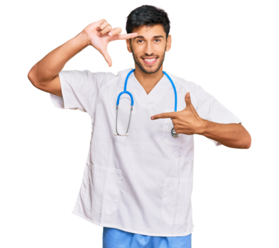 Young handsome man wearing doctor uniform and stethoscope smiling making frame with hands and fingers with happy face. creativity and photography concept. - Powered by Adobe