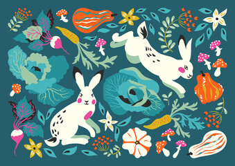 Vector illustration with funny white rabbits, flowers, fly-agaric and  vegetables: cabbage, decorative pumpkin, carrots, beets. Autumn card with seasonal harvest. © solnca_lych