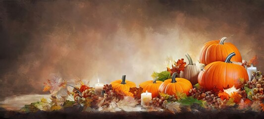 A Painting Of Pumpkins And Autumn Leaves, Breathtaking Thanksgiving Autumn Abstract Background Wallpaper.