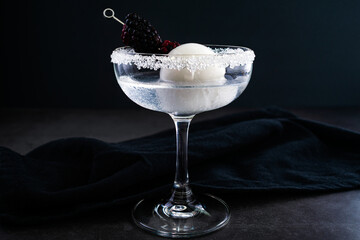 Full Moon Martini with Blackberry Garnish: Vodka cocktail with an opaque white ice sphere and fruit garnish