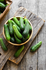 Fresh ripe organic small gherkin cucumbers in bowl or basket, not marinated vegetable, cornichon