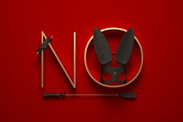 Creative 3D illustration with BDSM elements: a rabbit mask, a leather whip, anal plugs and a collar with spikes.  - obrazy, fototapety, plakaty