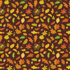 Autumn seamless painted pattern with leaves and acorns. Colorful drawing in watercolor and pencil style with yellow and red leaves on a brown background.