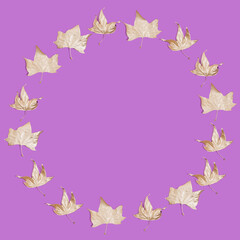 Creative layout of golden autumn leaves on purple background. Flat lay. Season concept.