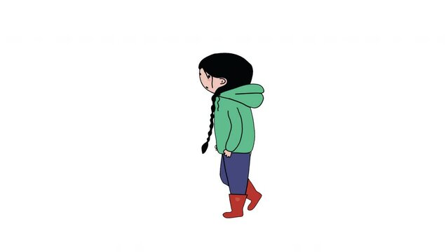 A girl in a green sweater and red shoes is walking