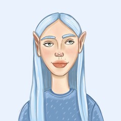 a girl with an unusual appearance, blue hair and elf ears