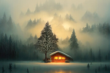 A wooden cabin with glowing yellow light from its windows by a frozen lake. Generative AI illustration