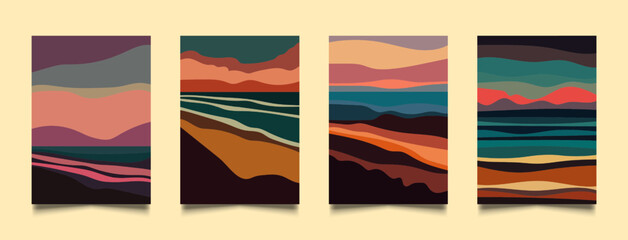 Nature landscape backgrounds with sands, sea, mountains and sky cover design set for flyers, brochures, posters, cards, web, banners, app, catalogs, notebooks
