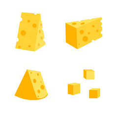 Cheese with holes isolated on white background, flat illustration. Set of cheese of different shapes triangular, square