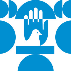 Geometric abstract flat vector elements, hand with dove bird, symbol of peace on white background.Illustration for web, postcards, posters. Easter illustration. 