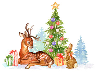 Obraz na płótnie Canvas Christmas deer and gifts watercolor isolated illustration