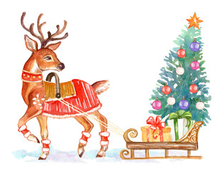 Christmas deer and gifts watercolor isolated illustration