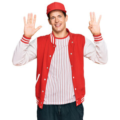 Handsome caucasian man wearing baseball uniform showing and pointing up with fingers number eight while smiling confident and happy.