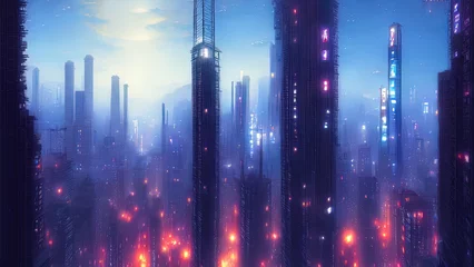 Wall murals Aubergine Cityscape of asian cyberpunk city at night. Neon, skyscrapers, fantasy cyber city. 3D illustration