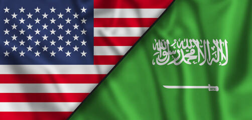 United States, USA and Saudi Arabia Realistic Half Flags Together.