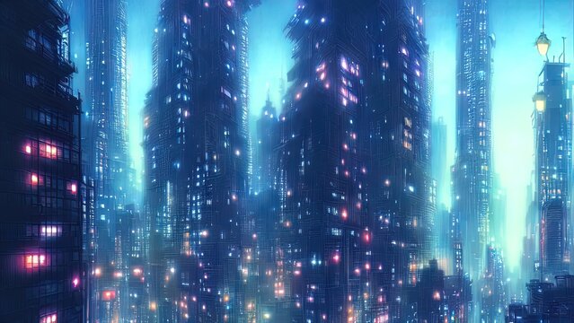 Cityscape of asian cyberpunk city at night. Neon, skyscrapers, fantasy cyber city. 3D illustration