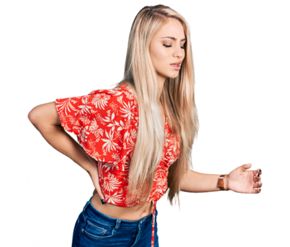 Beautiful young blonde woman wearing summer shirt suffering of backache, touching back with hand, muscular pain - Powered by Adobe