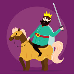 Isolated cute king medieval character on horse Vector