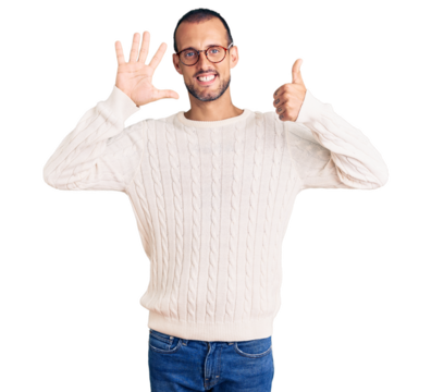 Young handsome man wearing casual clothes and glasses showing and pointing up with fingers number six while smiling confident and happy.