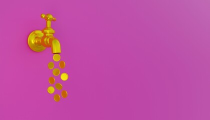 3D illustration, faucet image drops coins ,cash flow concept ,economic profits, pink background ,3D rendering.