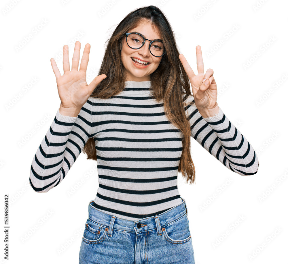 Sticker young beautiful teen girl wearing casual clothes and glasses showing and pointing up with fingers nu