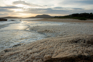 Sea foam  created from recent flood waters wash onto the beach at  South West Rocks on the north coast of New South Wales, Australia.