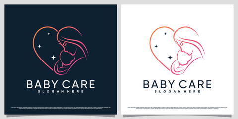 Baby care logo design template with line art style and heart shaped
