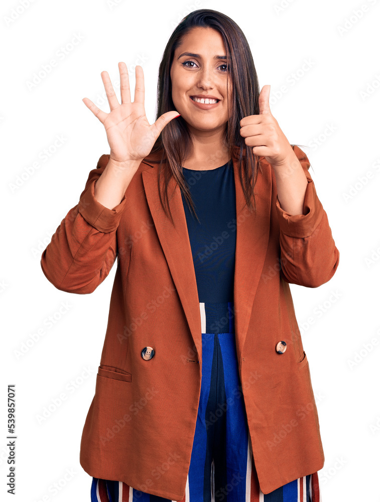 Sticker young beautiful brunette woman wearing elegant clothes showing and pointing up with fingers number s