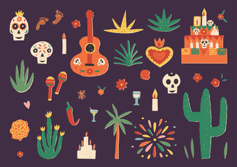 Dia De Los Muertos or Day of the Dead clipart set. Sacred heart, guitar, maracas, sugar skulls, altar or shrine.