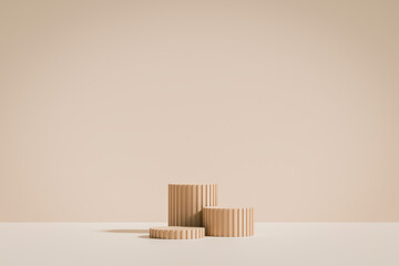 Minimal beige cylinder pedestal or podium for product showcase. Stand product mockup. Empty mockup. Blank background product stage. 3d render illustration