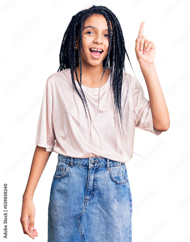 Sticker cute african american girl wearing casual clothes pointing finger up with successful idea. exited an