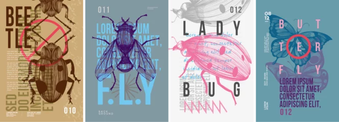 Fotobehang Beetle, fly, ladybug, butterfly. Set of vector posters . Typography. Vintage pencil sketch. Engraving style. Labels, cover, t-shirt print, painting. © Molibdenis-Studio