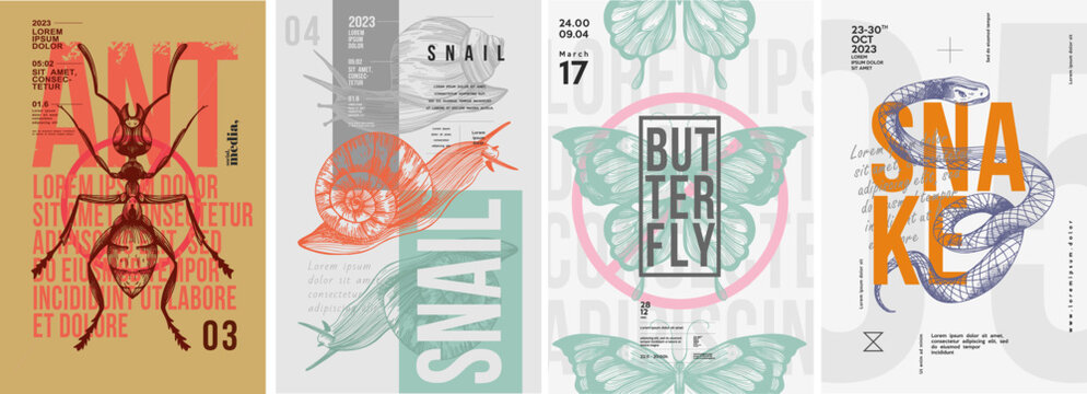 Ant, snails, butterfly, snake. Set of vector posters . Typography. Vintage pencil sketch. Engraving style. Labels, cover, t-shirt print, painting.