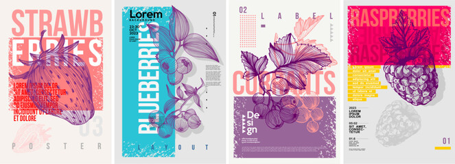 Strawberries, blueberries, currants, raspberries. Set of vector posters . Typography. Vintage pencil sketch. Engraving style. Labels, cover, t-shirt print, painting.