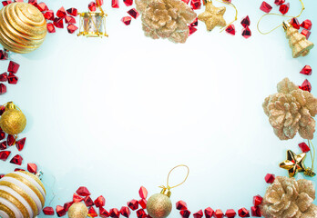 winter christmas background with golden branches, flowers and decor for cards banners desktop wallpaper with empty space centered for text