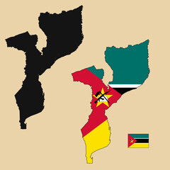 Vector of Mozambique country outline map with flag set isolated on plain background. Silhouette of country map can be used for template, report, and infographic.