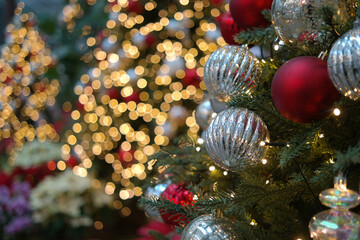 Obraz na płótnie Canvas Glittering Christmas light bulbs and ornaments on the tree