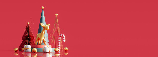 Golden reindeer with Christmas trees and decoration on luscious red background 3D Rendering, 3D Illustration