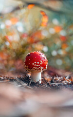 Macro of a single red fly agaric mushroom growing in the forest. Beautiful bokeh from plants in the background. Shallow depth of field, warm tones