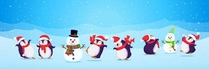 Banner made with a set of Christmas cartoon cute dancing penguins ans snowmen. Funny birds in santa hats and scarves. Isolated.