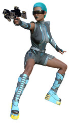 3D rendered female character in futuristic outfit and action pose on transparent background - 3D Illustration