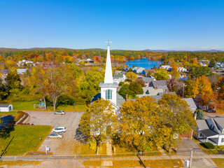 First Christian Church aerial view in fall at 83 N Main Street in historic town center of...