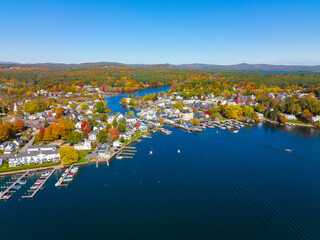 Wolfeboro historic town center at Lake Winnipesaukee aerial view in fall on Main Street, town of...
