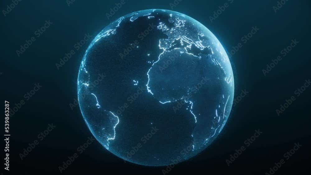 Poster blue hologram globe rotating, communication technology world network, 3d rendering futuristic concep