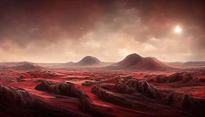 Naklejka premium Landscape on the planet Mars, surface is a picturesque desert on red planet. Background of space game, cover, poster with red earth, mountains, stars, 3d artwork