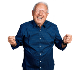 Senior man with grey hair wearing casual shirt and glasses very happy and excited doing winner gesture with arms raised, smiling and screaming for success. celebration concept.