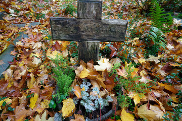 old weathered wooden cross on a grave covered with autumn leaves