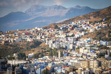 Fototapeta na wymiar panorama view over blue city of Chefchaouen, morocco, north africa, rif mountains